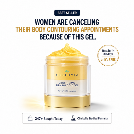 Cryo Thermo Firming Gold Gel in a sleek container promoting body firmness and reduction of stubborn fat.