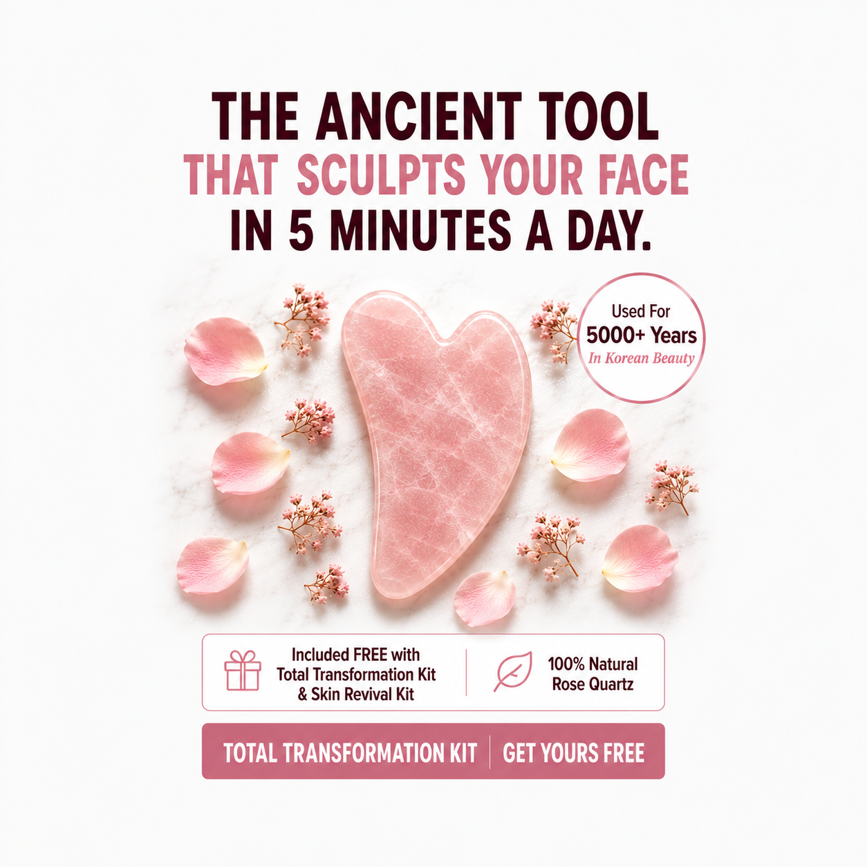 Rose Quartz Gua Sha Stone displayed with rose petals and flowers, highlighting its use in facial sculpting and lifting.