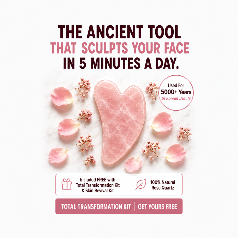 Rose Quartz Gua Sha Stone displayed with rose petals and flowers, highlighting its use in facial sculpting and lifting.