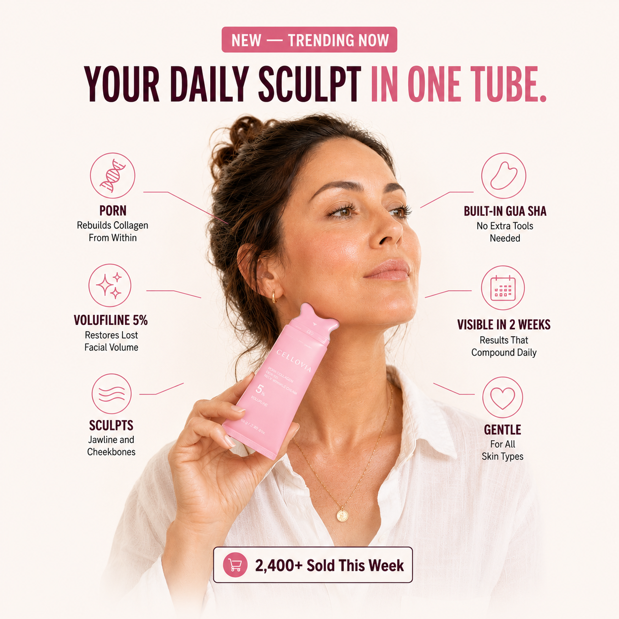 PDRN Collagen Gua Sha Cream advertised on a woman, showcasing its benefits and usage for firming skin.