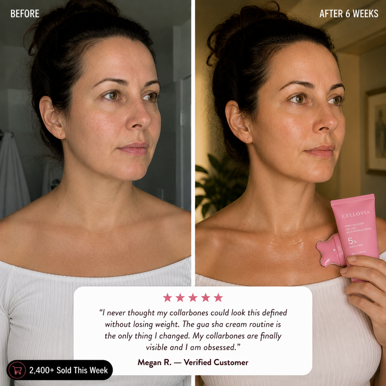Before and after results using PDRN Collagen Gua Sha Cream on the face and neck after 6 weeks.