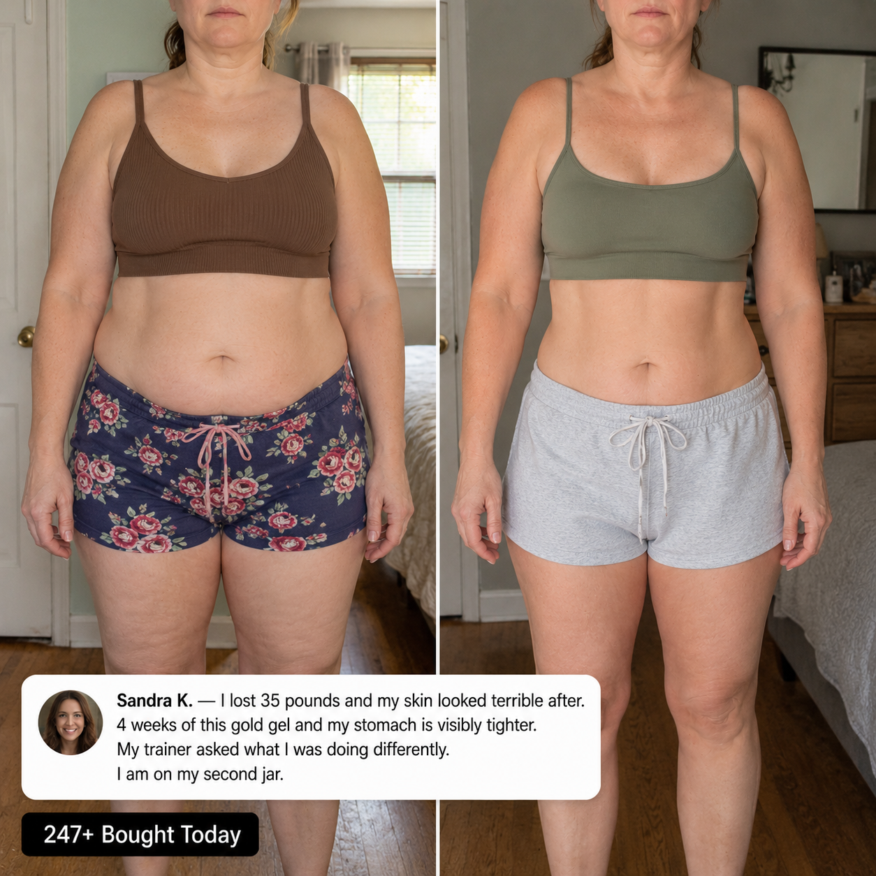 Before and after using Cryo Thermo Firming Gold Gel, showcasing improved skin firmness and reduced stomach appearance.