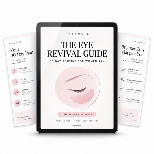 Cellovia 30-Day Eye Revival Guide digital PDF displayed on a tablet screen with skincare routine pages.