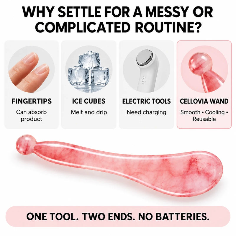 Cellovia sakura pink resin cooling eye massage wand with dual-ended design for facial gua sha and meridian stimulation.