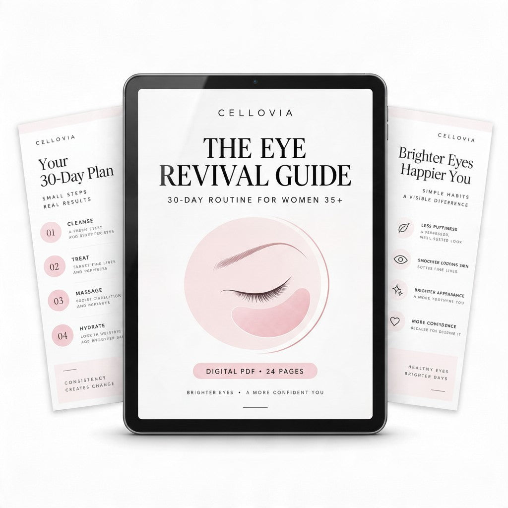 Cellovia 30-Day Eye Revival Guide digital PDF displayed on a tablet screen with accompanying printed pages.