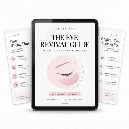 Cellovia 30-Day Eye Revival Guide digital PDF displayed on a tablet screen with accompanying printed pages.