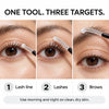 Cellovia lash and brow serum applicator showing application on lash line, lashes, and eyebrows in three steps.