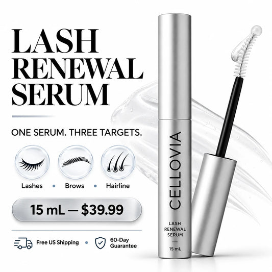 Cellovia lash renewal and conditioning serum bottle with applicator brush for lashes, brows, and hairline.