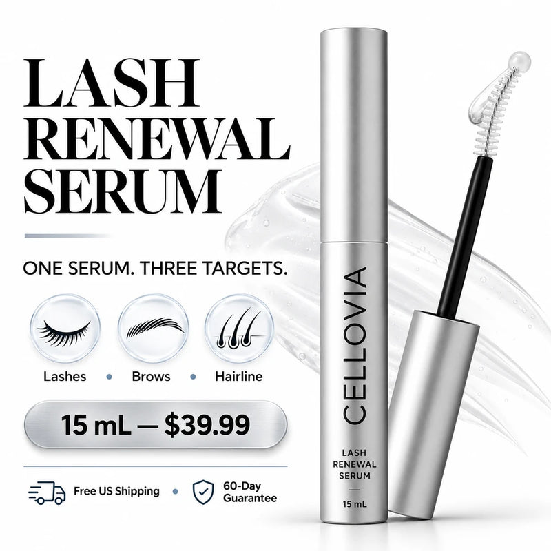 Cellovia lash renewal and conditioning serum bottle with applicator brush for lashes, brows, and hairline.