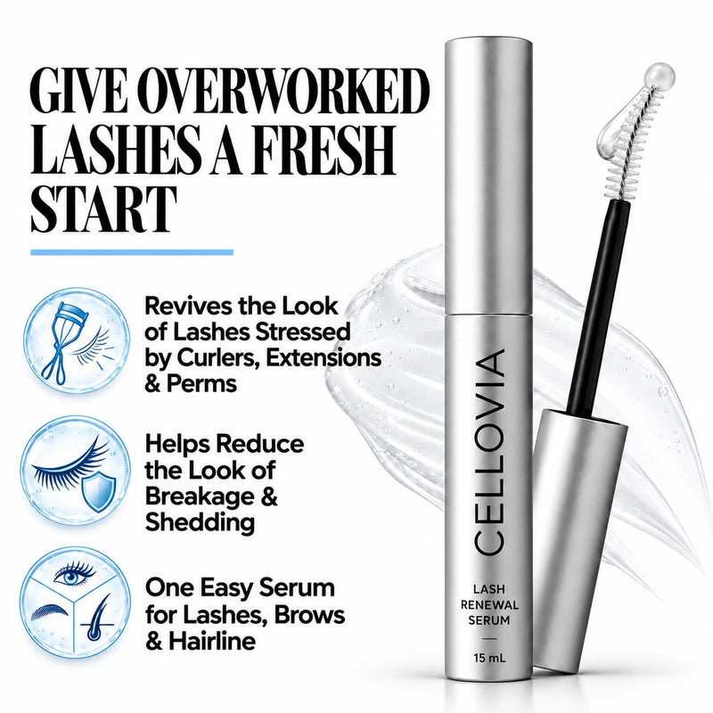 Cellovia lash renewal and conditioning serum bottle with applicator wand and infographic benefits list.