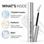 Cellovia lash renewal serum bottle with applicator and ingredient highlights including peptide complex, biotin, panthenol