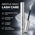 Cellovia lash renewal serum bottle with applicator brush, featuring a silver tube and clear conditioning formula.