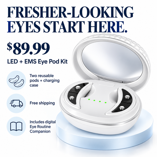 Cellovia LED and EMS eye massage pod kit in a white charging case with a built-in mirror for anti-wrinkle treatment.
