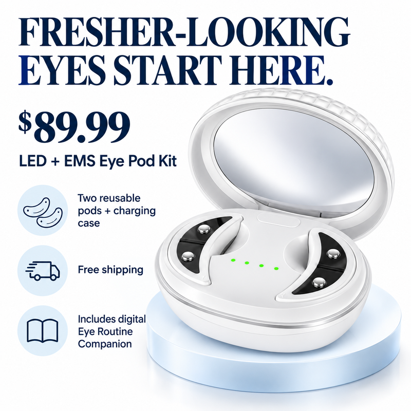 Cellovia LED and EMS eye massage pod kit in a white charging case with a built-in mirror for anti-wrinkle treatment.