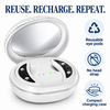 Cellovia rechargeable LED eye massage device in a compact white charging case with a built-in mirror.