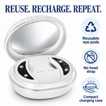 Cellovia rechargeable LED eye massage device in a compact white charging case with a built-in mirror.
