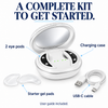 Cellovia rechargeable LED eye massage device kit with charging case, two eye pods, gel pads, and USB-C cable.