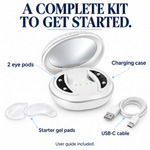 Cellovia rechargeable LED eye massage device kit with charging case, two eye pods, gel pads, and USB-C cable.