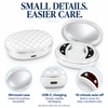 Cellovia portable LED eye massager with red light therapy, mirrored case, and USB-C charging in a white plastic design.