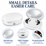 Cellovia portable LED eye massager with red light therapy, mirrored case, and USB-C charging in a white plastic design.