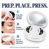 Cellovia LED eye massage device with red light and EMS technology, showing application steps with gel pads on skin.