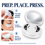 Cellovia LED eye massage device with red light and EMS technology, showing application steps with gel pads on skin.