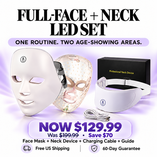 Cellovia LED light therapy face mask and neck device set for skin rejuvenation in white ABS plastic.