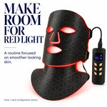 Cellovia black silicone LED light therapy mask for face and neck with red light mode and digital remote controller.