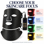 Cellovia black silicone LED light therapy mask with remote control showing red, blue, green, and yellow light modes.