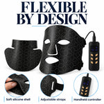 Cellovia black silicone LED photon rejuvenation mask with handheld controller, adjustable straps, and flexible design.