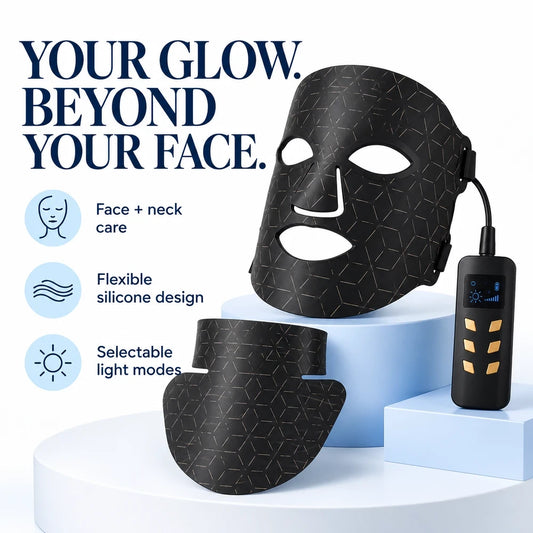 Cellovia black flexible silicone LED photon rejuvenation mask for face and neck with handheld controller.