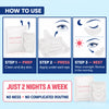 Cellovia microneedle eye patch application guide showing three steps for overnight under-eye rejuvenation treatment.