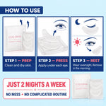 Cellovia microneedle eye patch application guide showing three steps for overnight under-eye rejuvenation treatment.