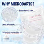 Cellovia microneedle eye patches in clear tray with close-up of dissolving micro-dart texture and application diagram.