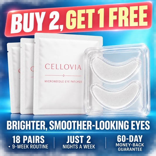 Cellovia microneedle eye patches in white sachets and a clear tray for under-eye rejuvenation and brightening.