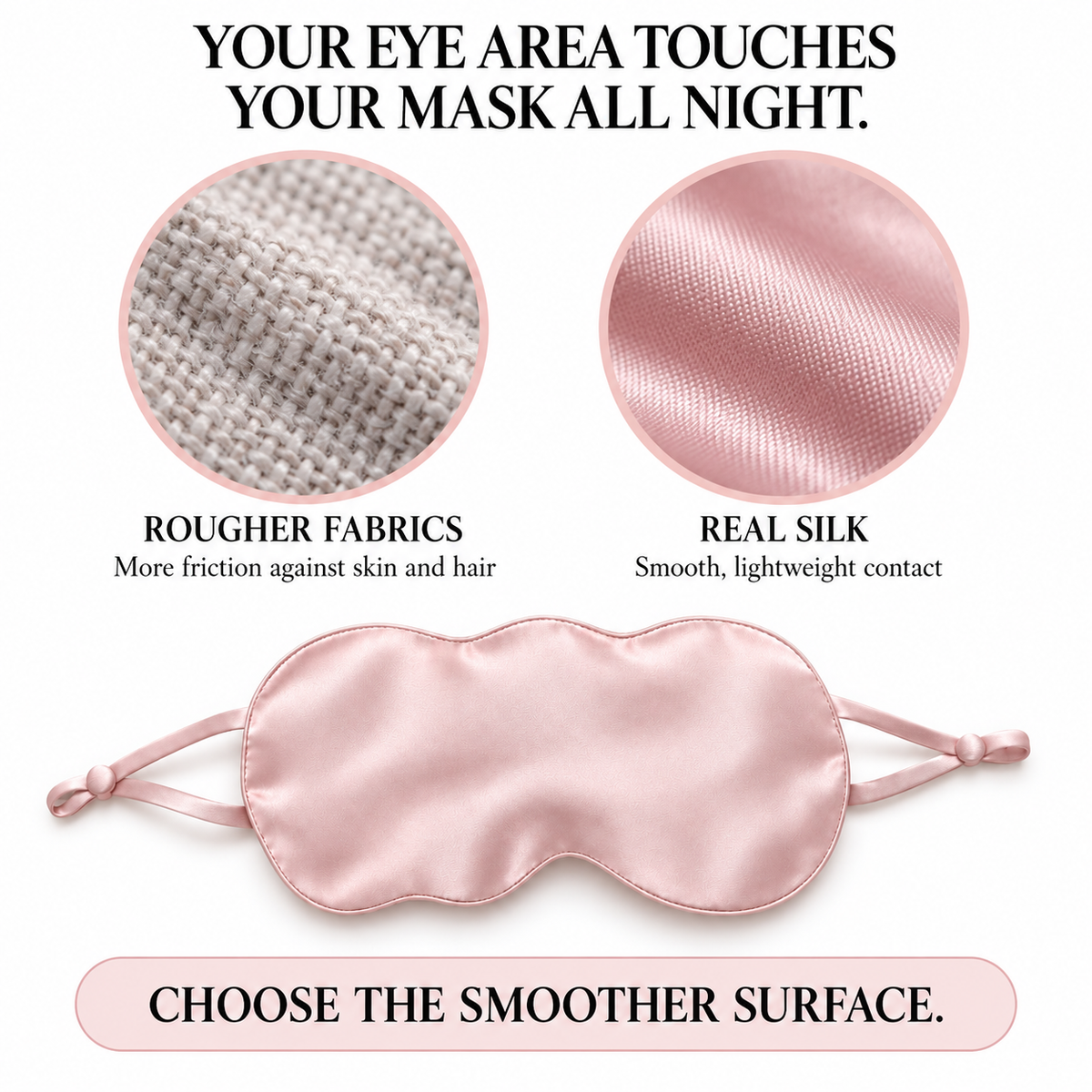 Cellovia pink mulberry silk sleep mask comparing smooth silk texture to rough fabric for skin comfort.