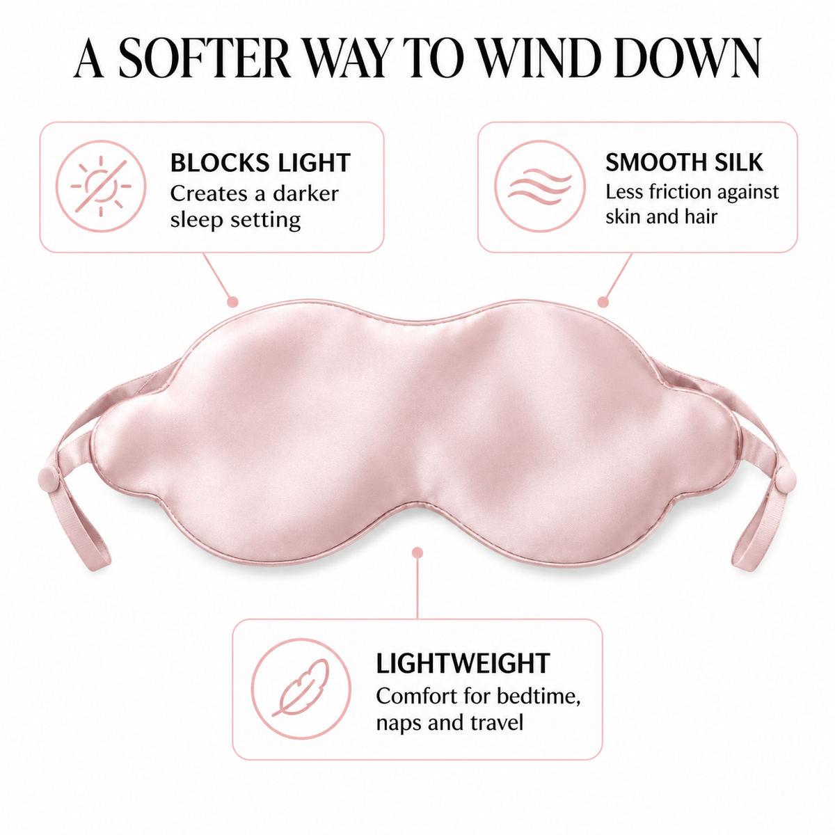 Cellovia pink mulberry silk sleep mask with adjustable ear hooks and infographic labels highlighting sleep benefits.