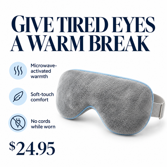 Cellovia plush grey microwaveable eye mask with adjustable strap for soothing warm compress therapy.