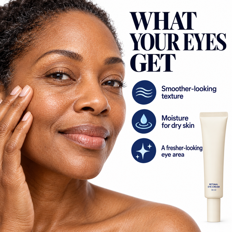 Cellovia retinal eye cream tube next to a woman with smooth, hydrated skin showing benefits of the skincare treatment.