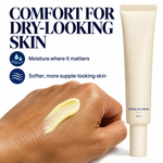 Cellovia retinal eye cream tube next to a hand with a swatch of yellow cream, promoting hydration for dry skin.