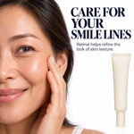 Cellovia retinal eye cream in a beige squeeze tube next to a woman smiling to demonstrate skin texture improvement.