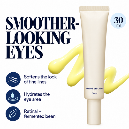 Cellovia Retinal Eye Cream in a beige tube with yellow cream texture, highlighting smoothing and hydrating benefits.