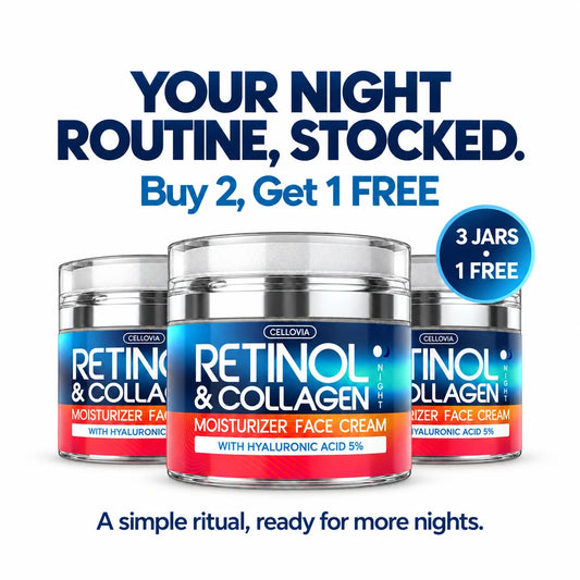 Cellovia retinol and collagen face cream jars with hyaluronic acid in a promotional buy two get one free bundle.
