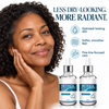 Cellovia retinol and collagen hydrating face serum duo bottles with a smiling woman showing radiant skin.