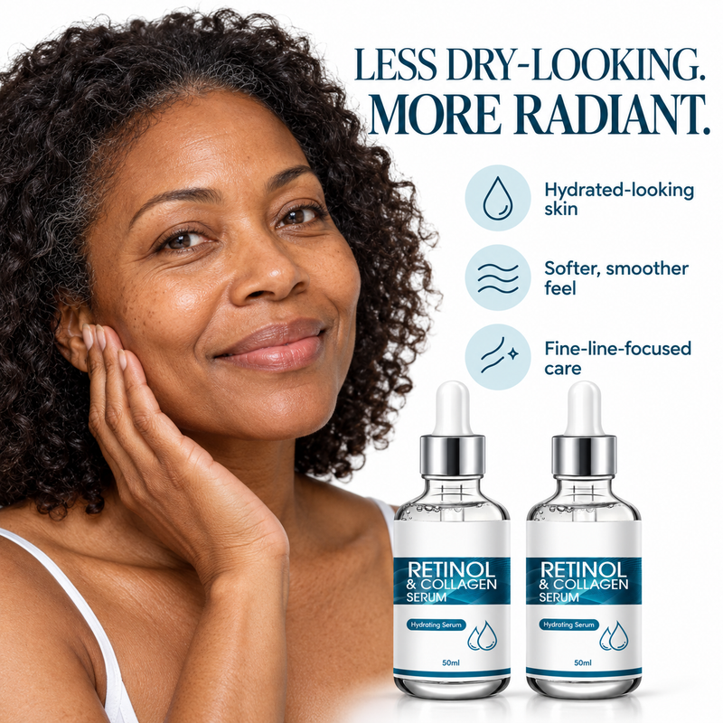 Cellovia retinol and collagen hydrating face serum duo bottles with a smiling woman showing radiant skin.