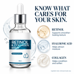 Cellovia retinol and collagen hydrating face serum bottle with ingredient highlights for smoother, moisturized skin.