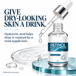 Cellovia retinol and collagen hydrating face serum bottle with glass dropper on a blue glass stand.