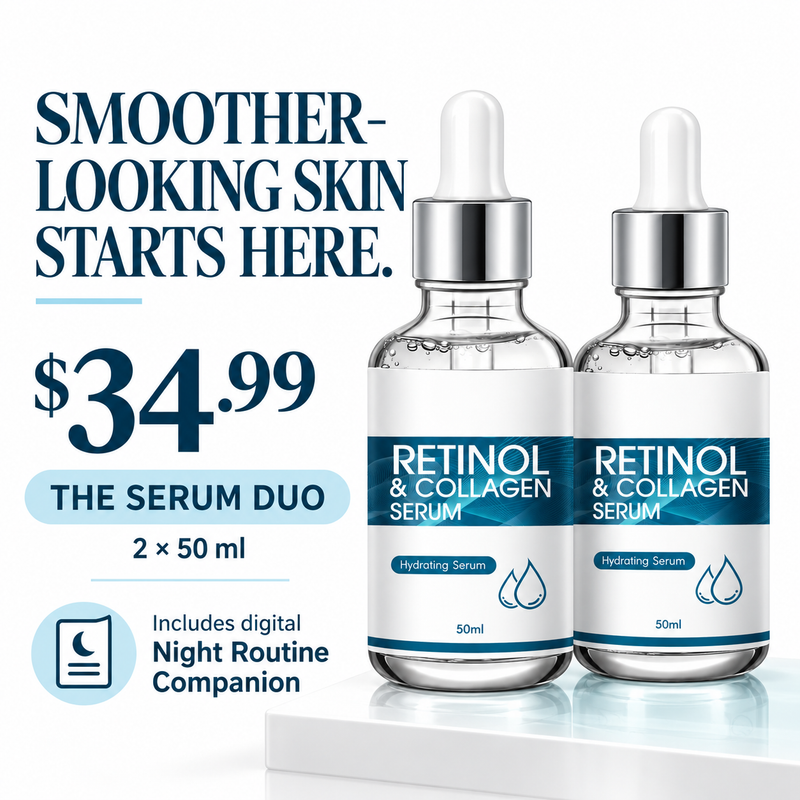 Cellovia Retinol and Collagen hydrating face serum duo in glass dropper bottles on a white display stand.